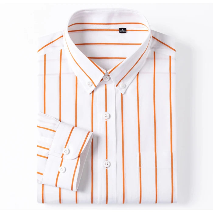 England Style Soft 100% Cotton Fashion Shirts Single Patch Pocket Long Sleeve Standard-fit Button-down Man Casual Striped Shirt