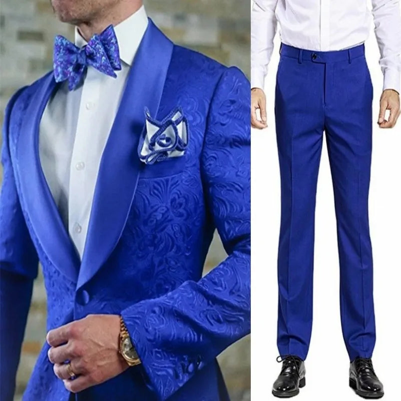White Pattern Groom Tuxedos Shawl Satin Lapel Men Suits 2 Pieces Wedding Bridegroom (Jacket + Pants + Tie)