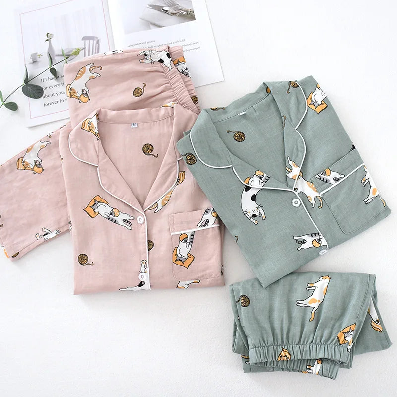 Japanese spring and autumn couples cotton gauze pajamas suit men Women cotton four seasons long-sleeved trousers