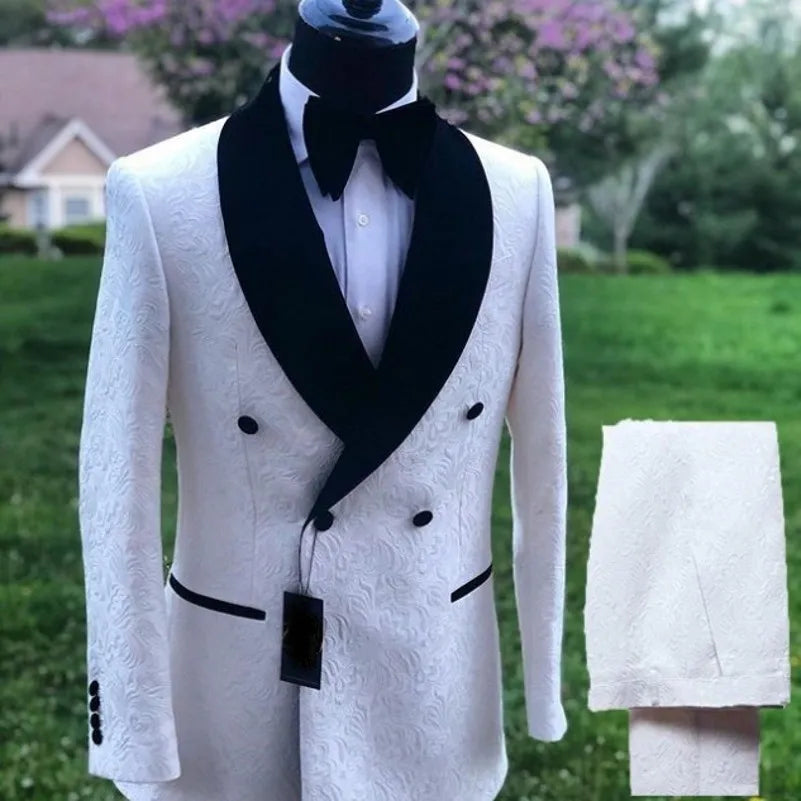White Pattern Groom Tuxedos Shawl Satin Lapel Men Suits 2 Pieces Wedding Bridegroom (Jacket + Pants + Tie)