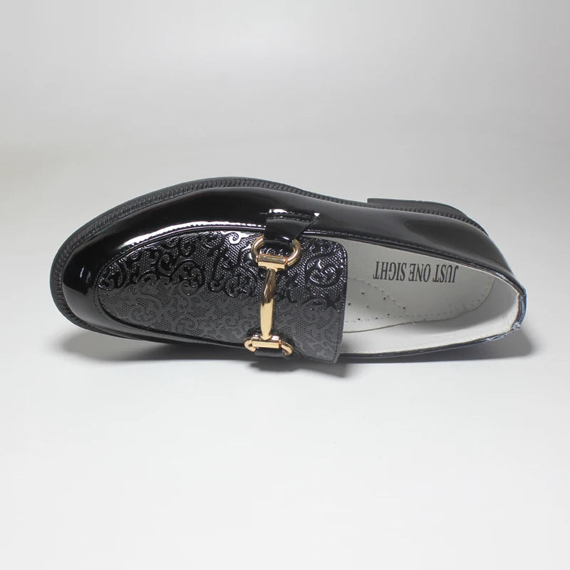 Boys Formal Shoes Black Patent Leather Slip On Round Toes