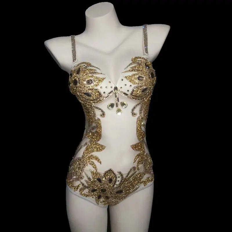 Sparkly Gold Crystals Feather Women Bodysuit