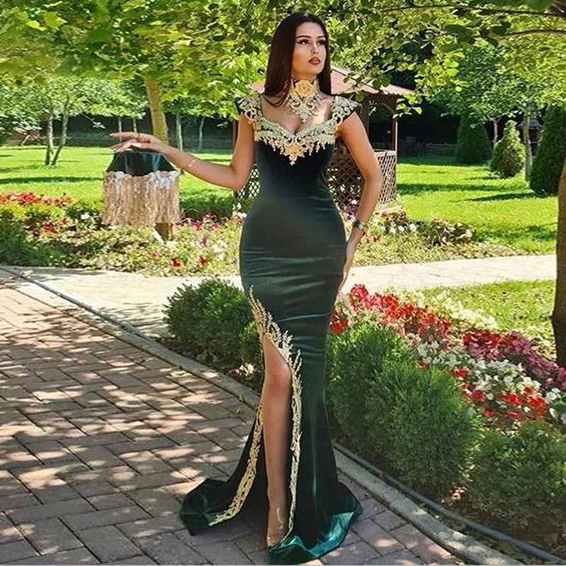 Elegant Stunning High Neck Velvet Evening Dress with Detachable Skirt Morocco Kaftan