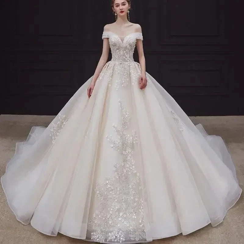 Luxury Off-Shoulder Wedding Dress - Handmade Lace Ball Gown
