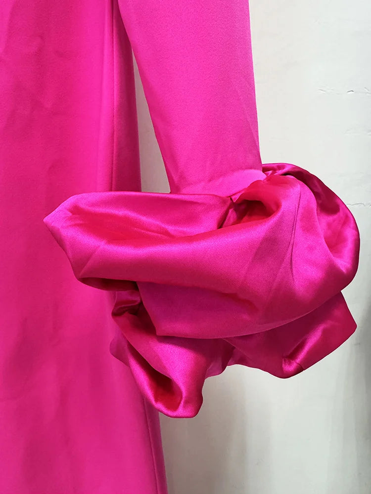 Elegant Pink High Neck Women Maxi Dress Spring Long Ruffle Sleeve Plus Size
