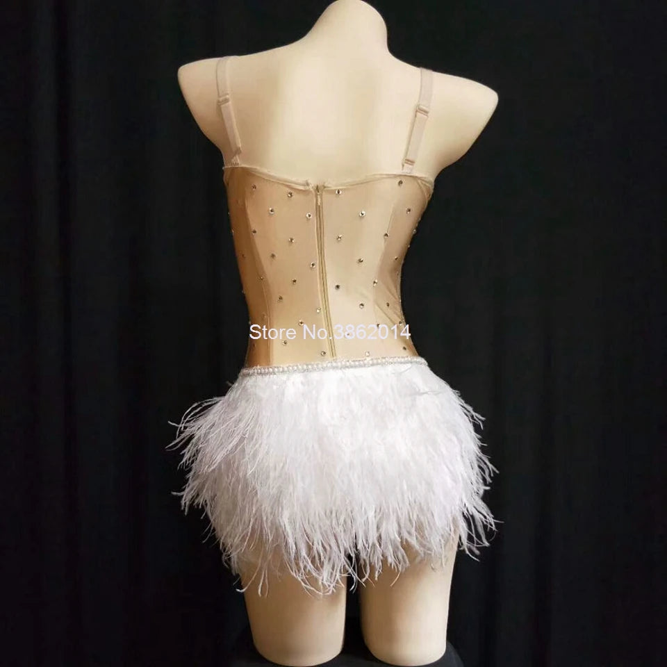 Sparkly Gold Crystals Feather Women Bodysuit