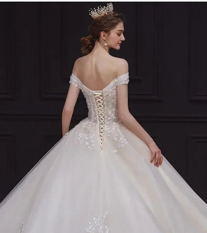 Luxury Off-Shoulder Wedding Dress - Handmade Lace Ball Gown
