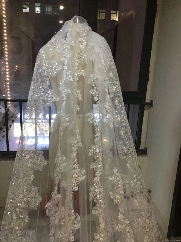 Luxury Cathedral Bridal Veils Sequins 3M 4M 5M Appliques Lace Edge