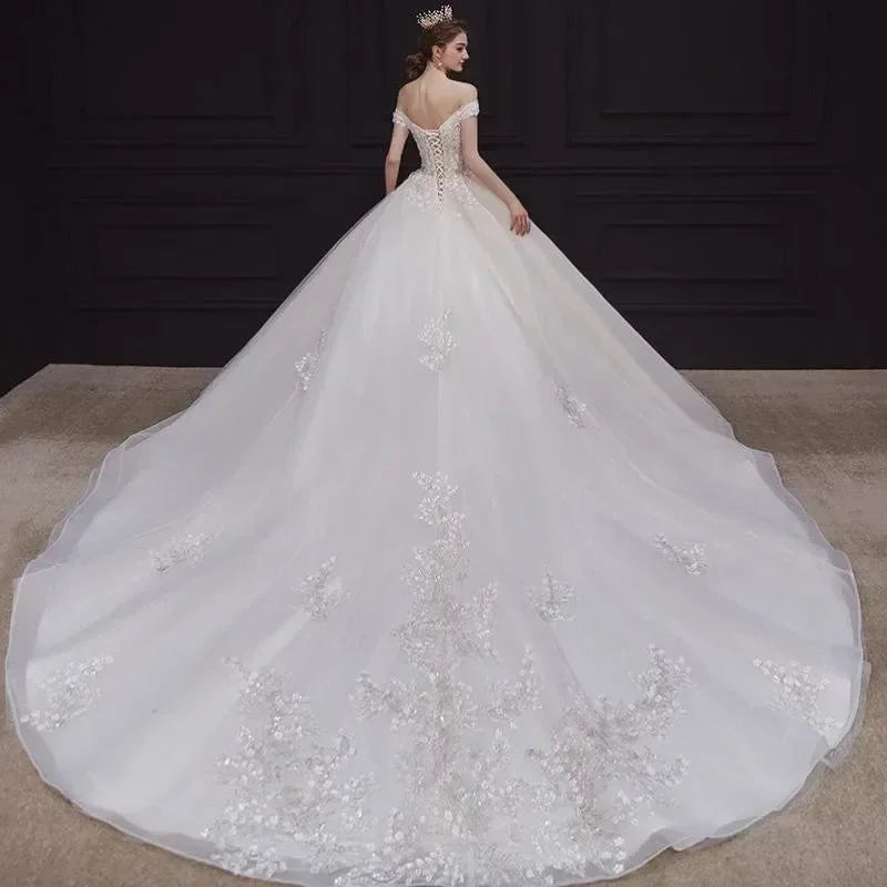 Luxury Off-Shoulder Wedding Dress - Handmade Lace Ball Gown