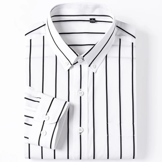 England Style Soft 100% Cotton Fashion Shirts Single Patch Pocket Long Sleeve Standard-fit Button-down Man Casual Striped Shirt