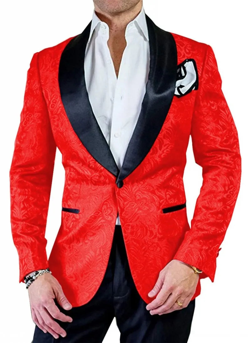 White Pattern Groom Tuxedos Shawl Satin Lapel Men Suits 2 Pieces Wedding Bridegroom (Jacket + Pants + Tie)