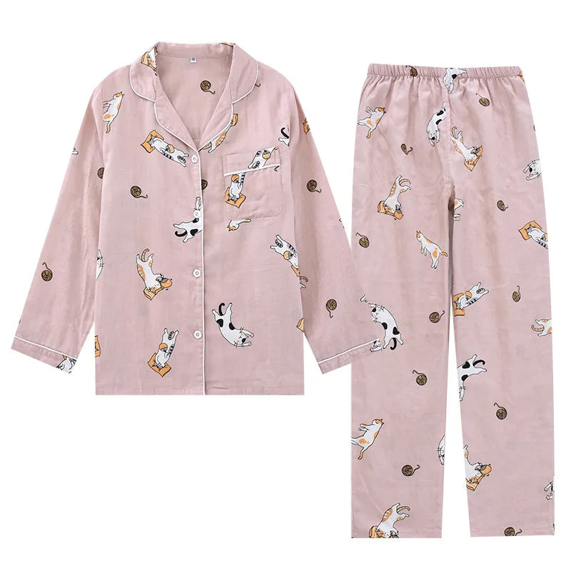 Japanese spring and autumn couples cotton gauze pajamas suit men Women cotton four seasons long-sleeved trousers
