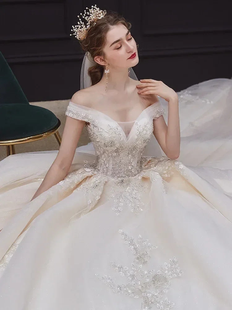 Luxury Off-Shoulder Wedding Dress - Handmade Lace Ball Gown