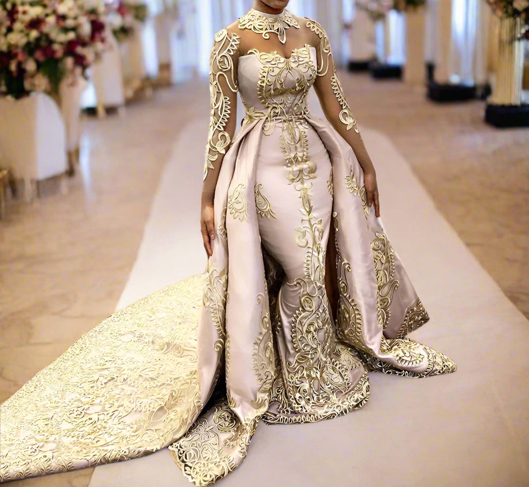 2 Piece Evening See Thru Long Sleeved Gold Lace Mermaid Formal Gown Dress - Customized