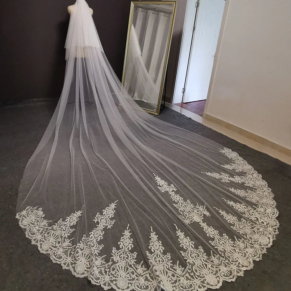 Long Lace Wedding Veil 4 Meters White Ivory Bridal Veil with Comb Blusher