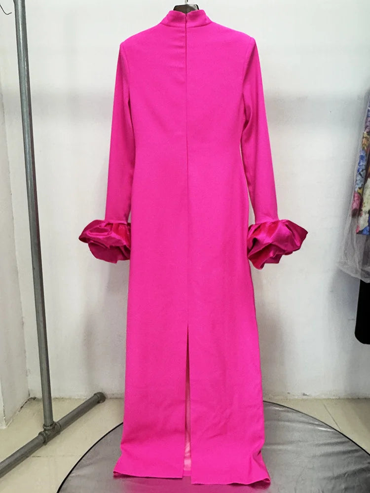Elegant Pink High Neck Women Maxi Dress Spring Long Ruffle Sleeve Plus Size
