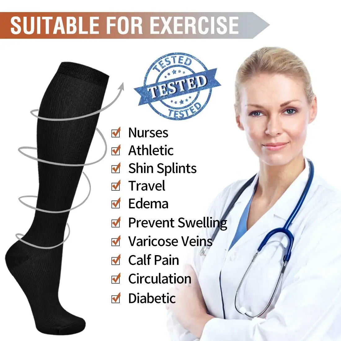 3/67 Pair Compression Stocking Women Men Knee High 30mmHg Edema Diabetes Varicose Veins Running Travel Sport Compression Socks