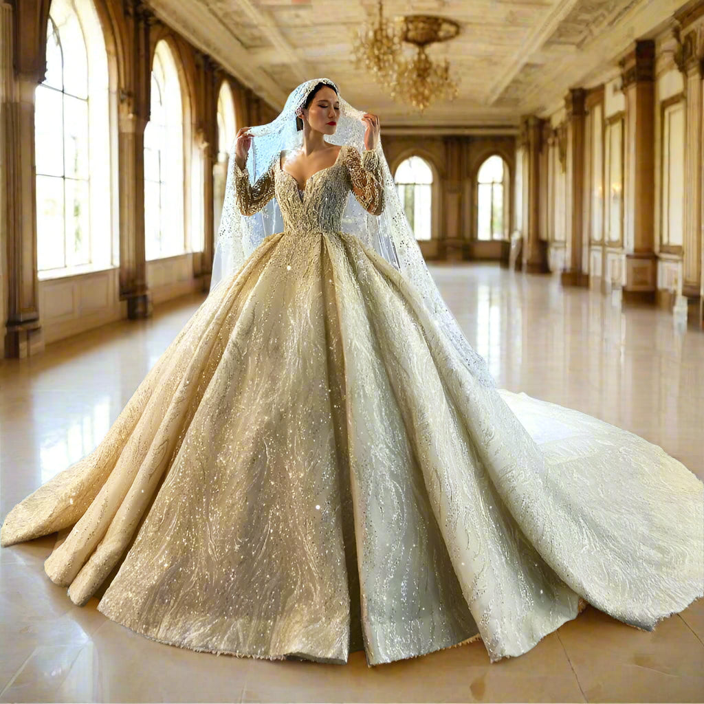 Luxury High Quality Full Beading Wedding Dress with Long Sleeves Bridal Dress Customized