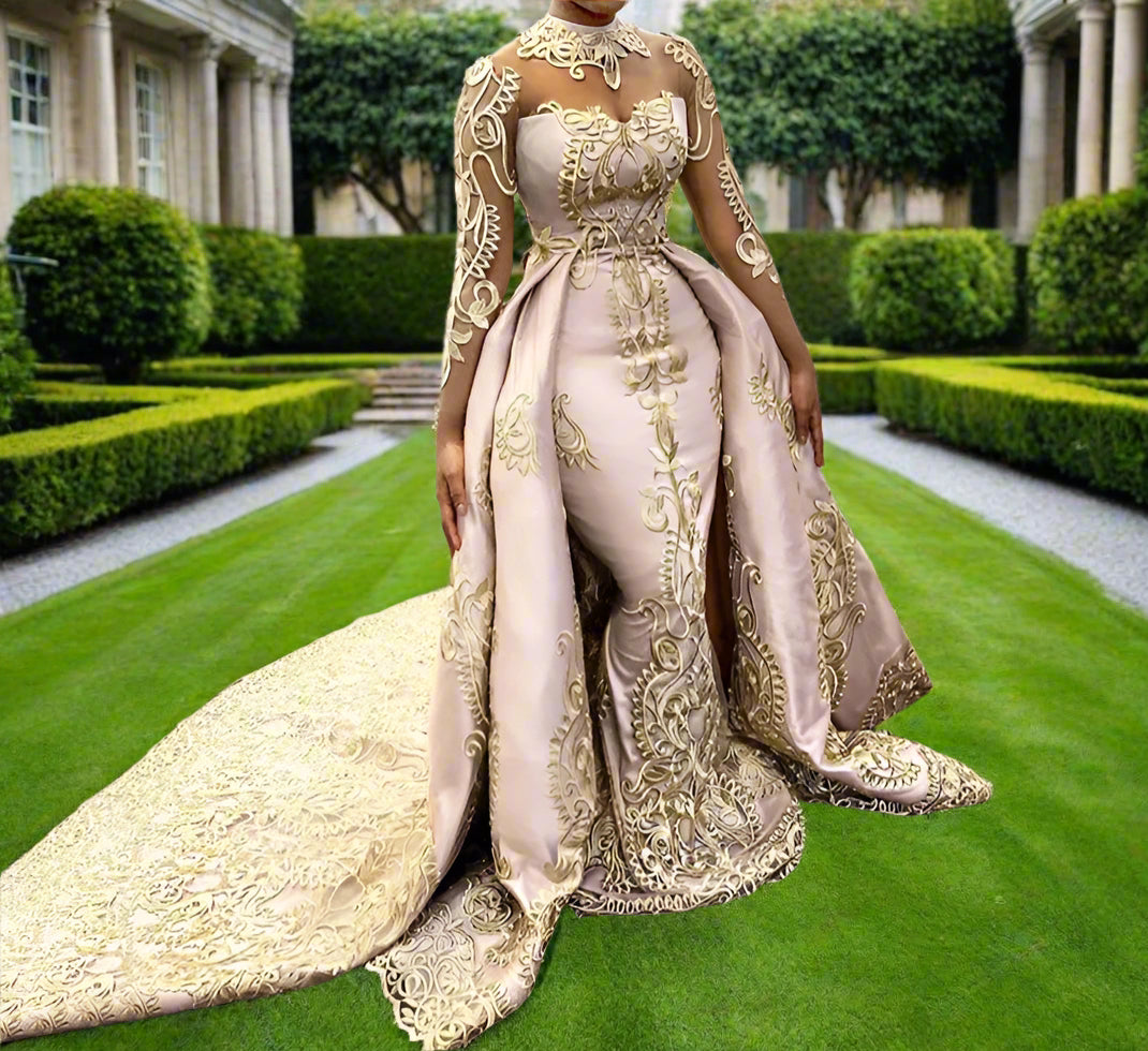 2 Piece Evening See Thru Long Sleeved Gold Lace Mermaid Formal Gown Dress - Customized
