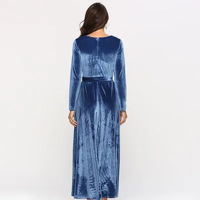 Women's Solid Color Round Neck High Waist Velvet Dresses Lace Long Dress