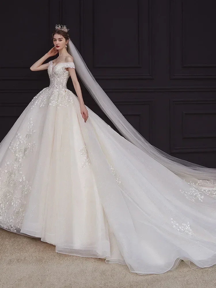 Luxury Off-Shoulder Wedding Dress - Handmade Lace Ball Gown