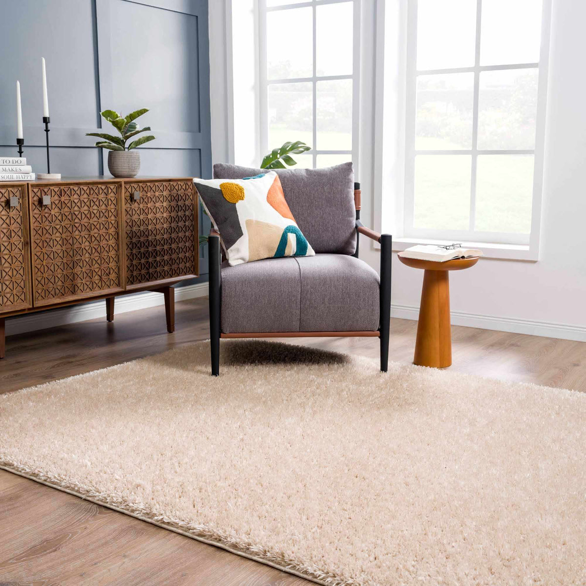 Faina Solid Beige Shag Rug Washable