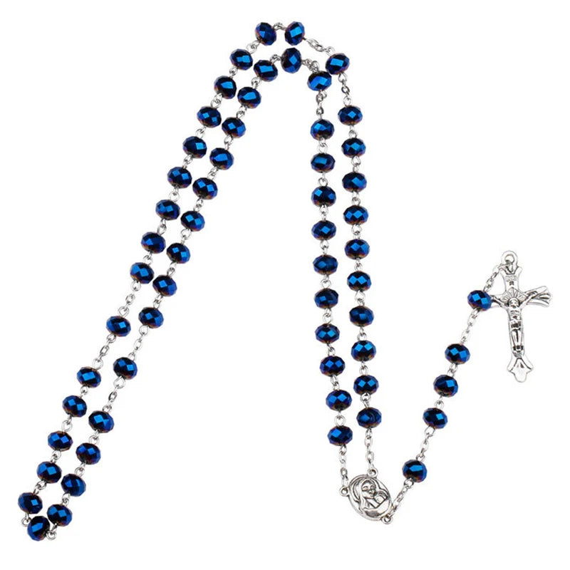 Catholic Prayer Long Chain Rosaries Jewelry for Men Women Stainless Steel Cross Pendant Necklaces
