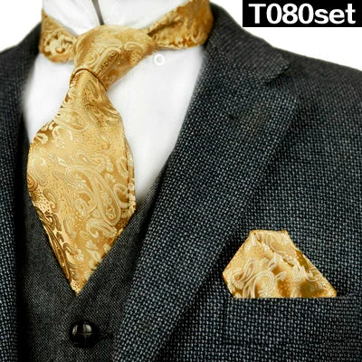 Solid Floral Paisley Yellow Gold Men's Ties Neckties 100% Silk Jacquard Woven Tie Sets Pocket Square Party Wedding