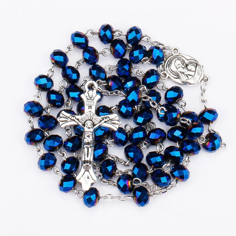 Catholic Prayer Long Chain Rosaries Jewelry for Men Women Stainless Steel Cross Pendant Necklaces