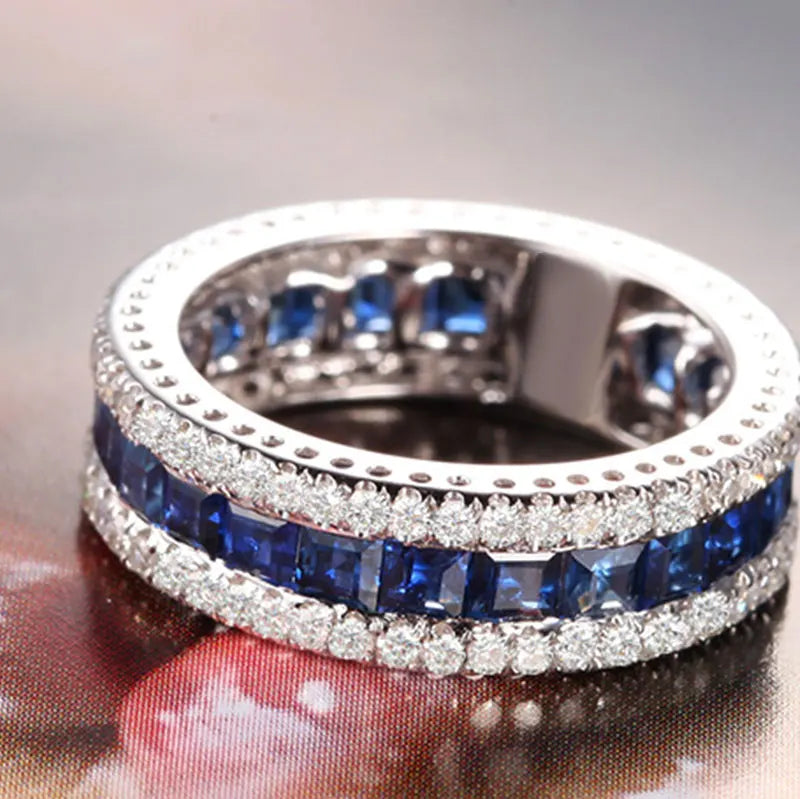 Women Fine Jewelry 925 Sterling Silver Round Vintage Antique Band Ring With Clear Zircon Blue