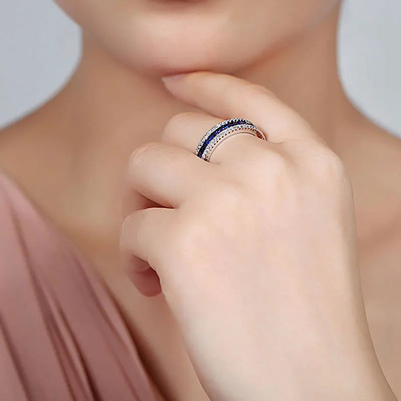 Women Fine Jewelry 925 Sterling Silver Round Vintage Antique Band Ring With Clear Zircon Blue