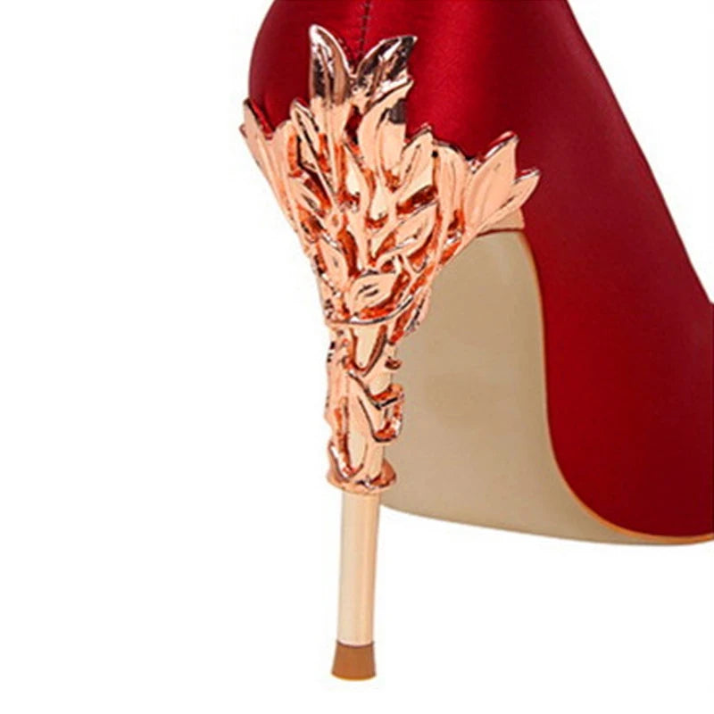 Elegant Metal Carved Heel Women Pumps Solid Silk Pointed Toe High Heels 10cm