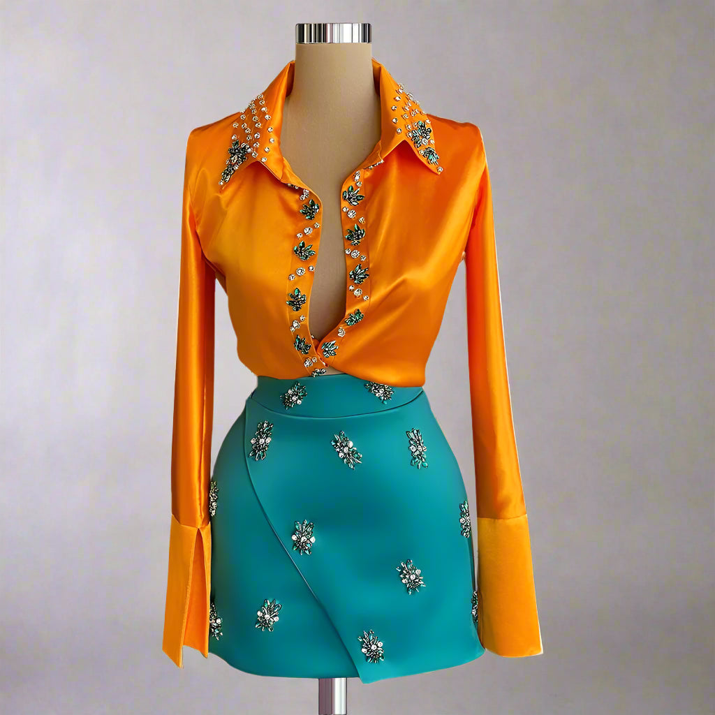 Haute Couture Two Piece Cocktail Set Long Sleeves Fashion Rhinestones