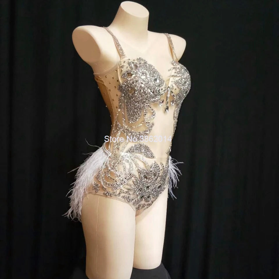 Sparkly Gold Crystals Feather Women Bodysuit