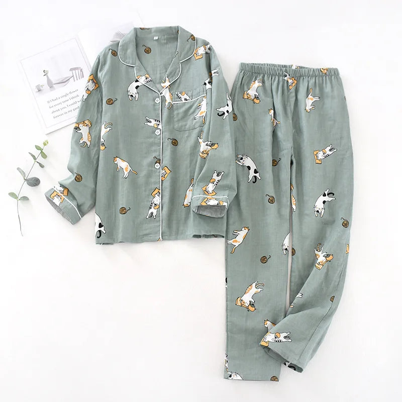 Japanese spring and autumn couples cotton gauze pajamas suit men Women cotton four seasons long-sleeved trousers