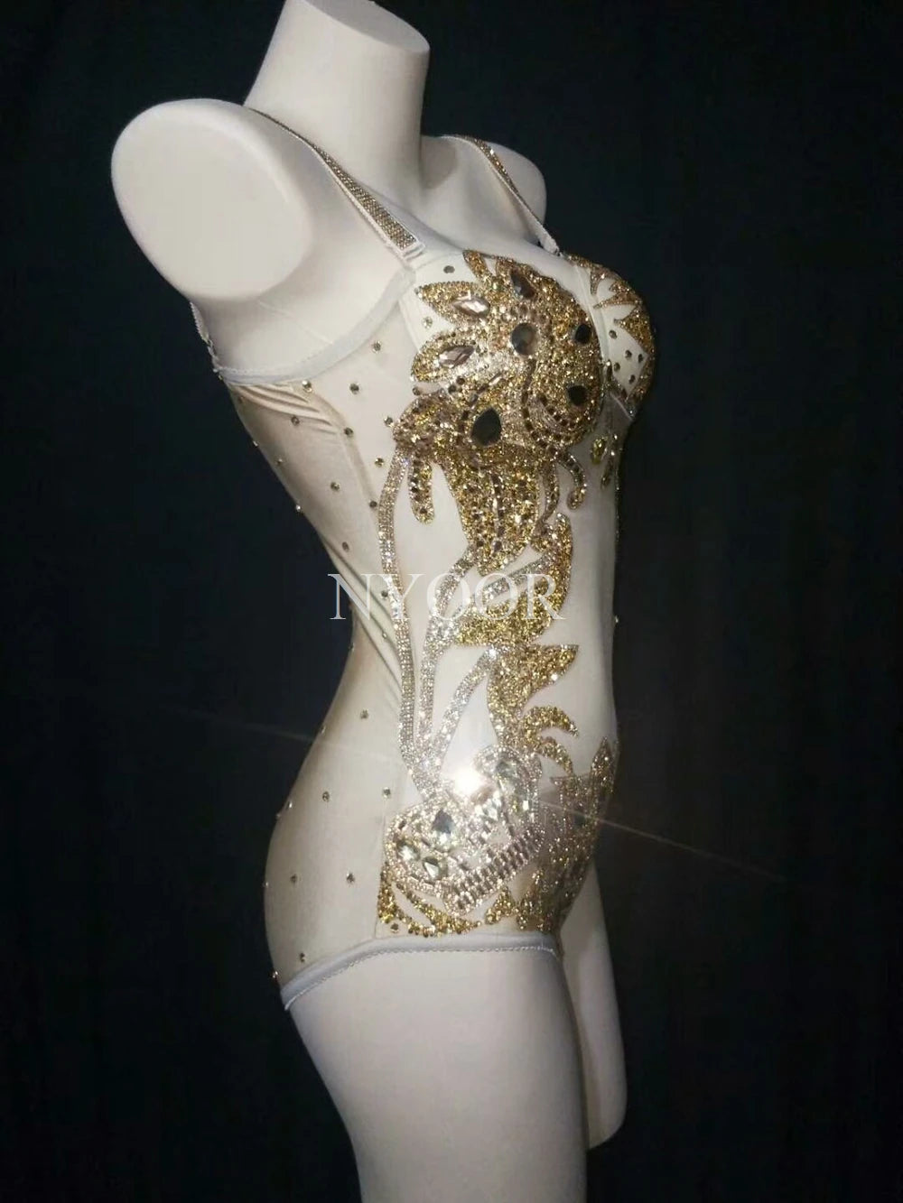 Sparkly Gold Crystals Feather Women Bodysuit