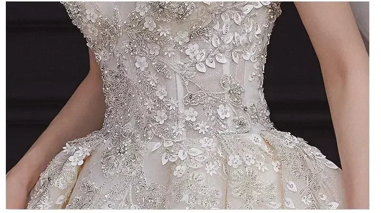 Luxury Off-Shoulder Wedding Dress - Handmade Lace Ball Gown