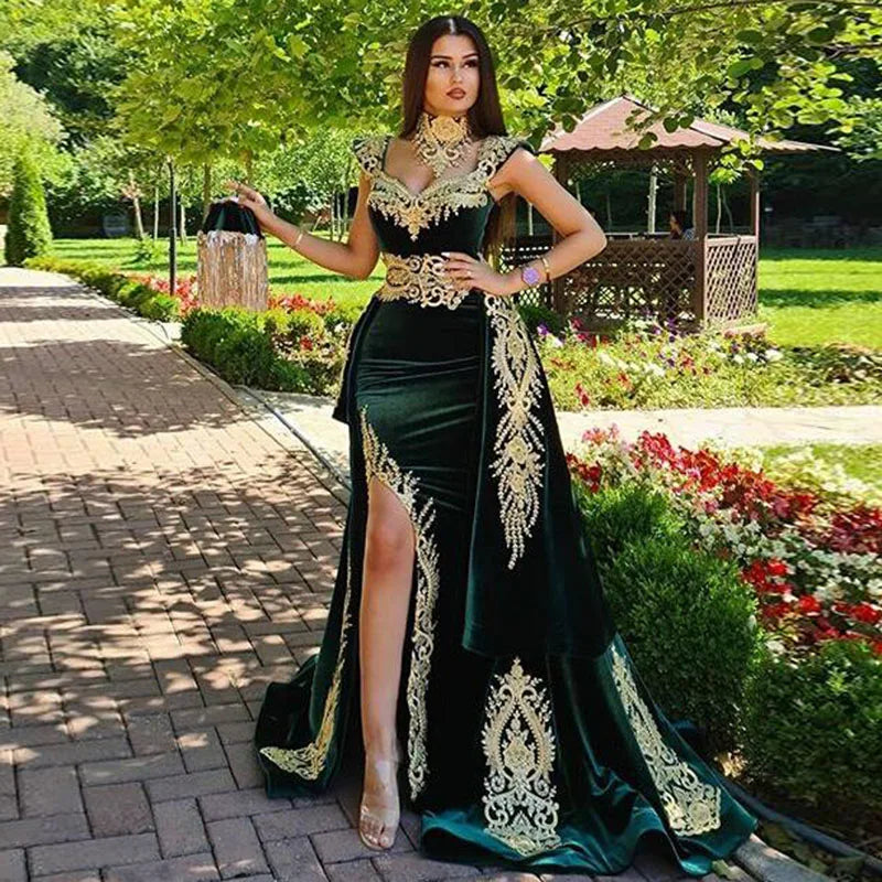 Elegant Stunning High Neck Velvet Evening Dress with Detachable Skirt Morocco Kaftan