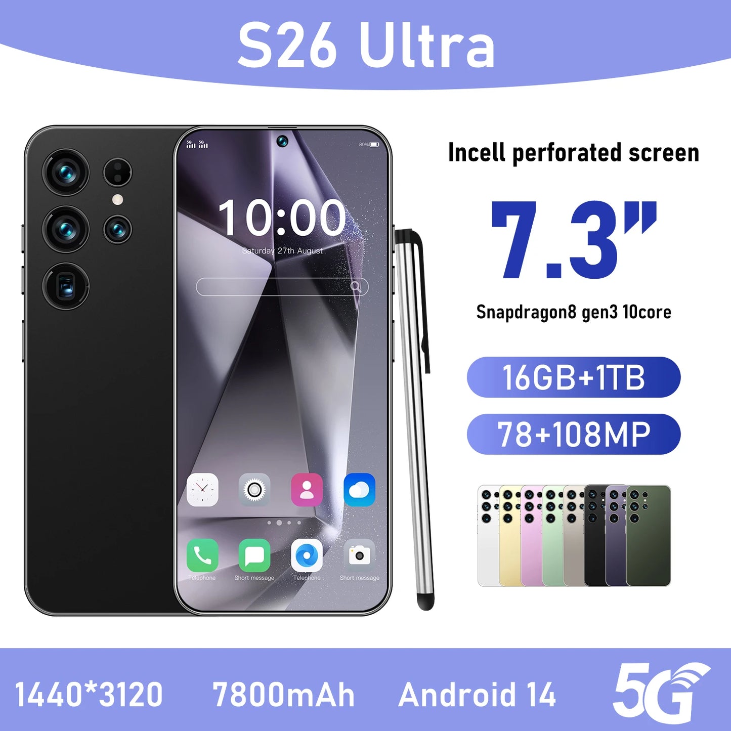2025 New Original S26 Ultra Smartphones 16GB+1TB 5G Dual SIM Mobile Phone with HD Face Unlock Android 14 Deca Core CPU Spanish