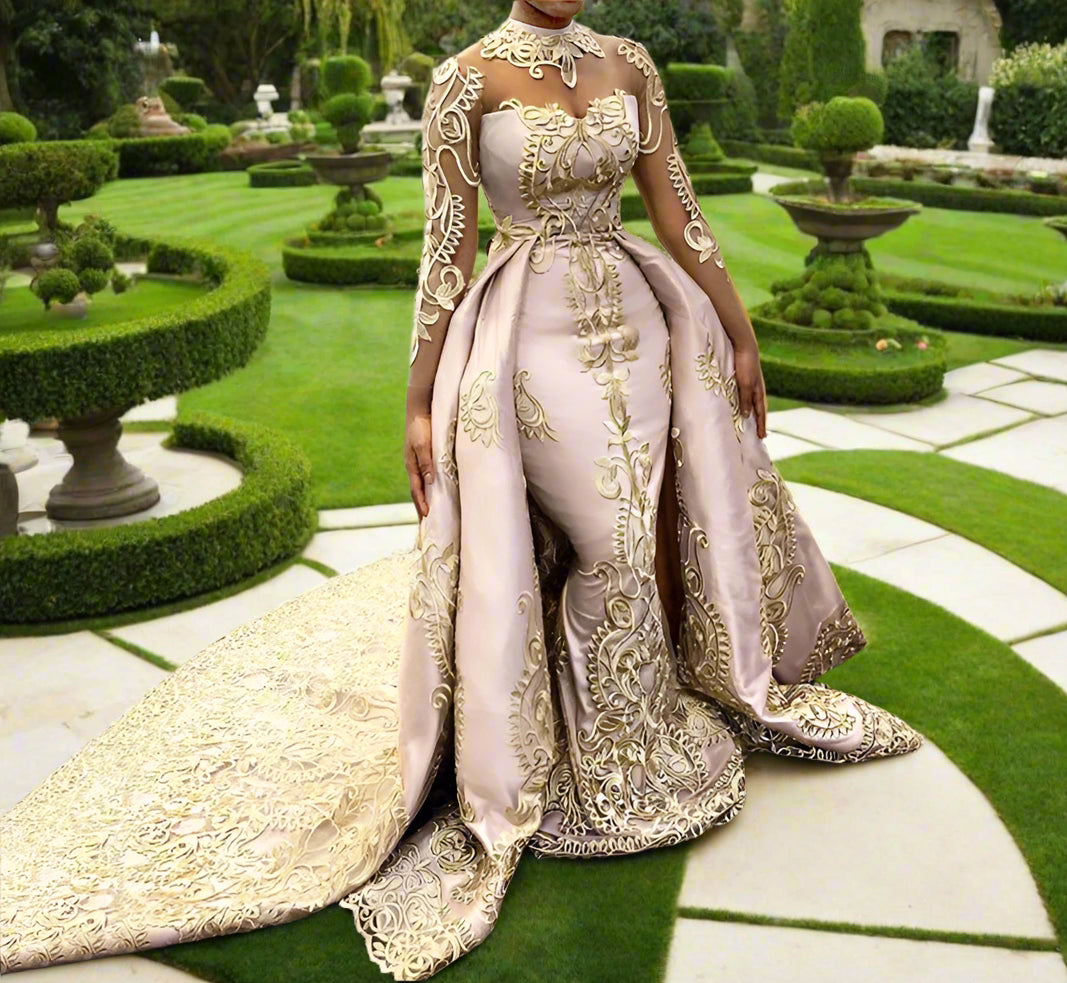 2 Piece Evening See Thru Long Sleeved Gold Lace Mermaid Formal Gown Dress - Customized