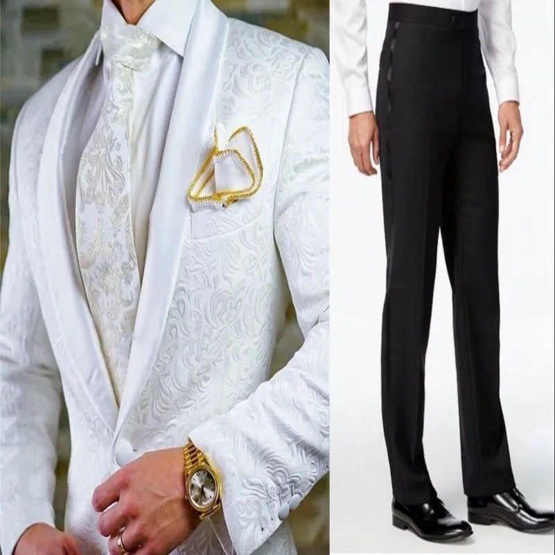 White Pattern Groom Tuxedos Shawl Satin Lapel Men Suits 2 Pieces Wedding Bridegroom (Jacket + Pants + Tie)