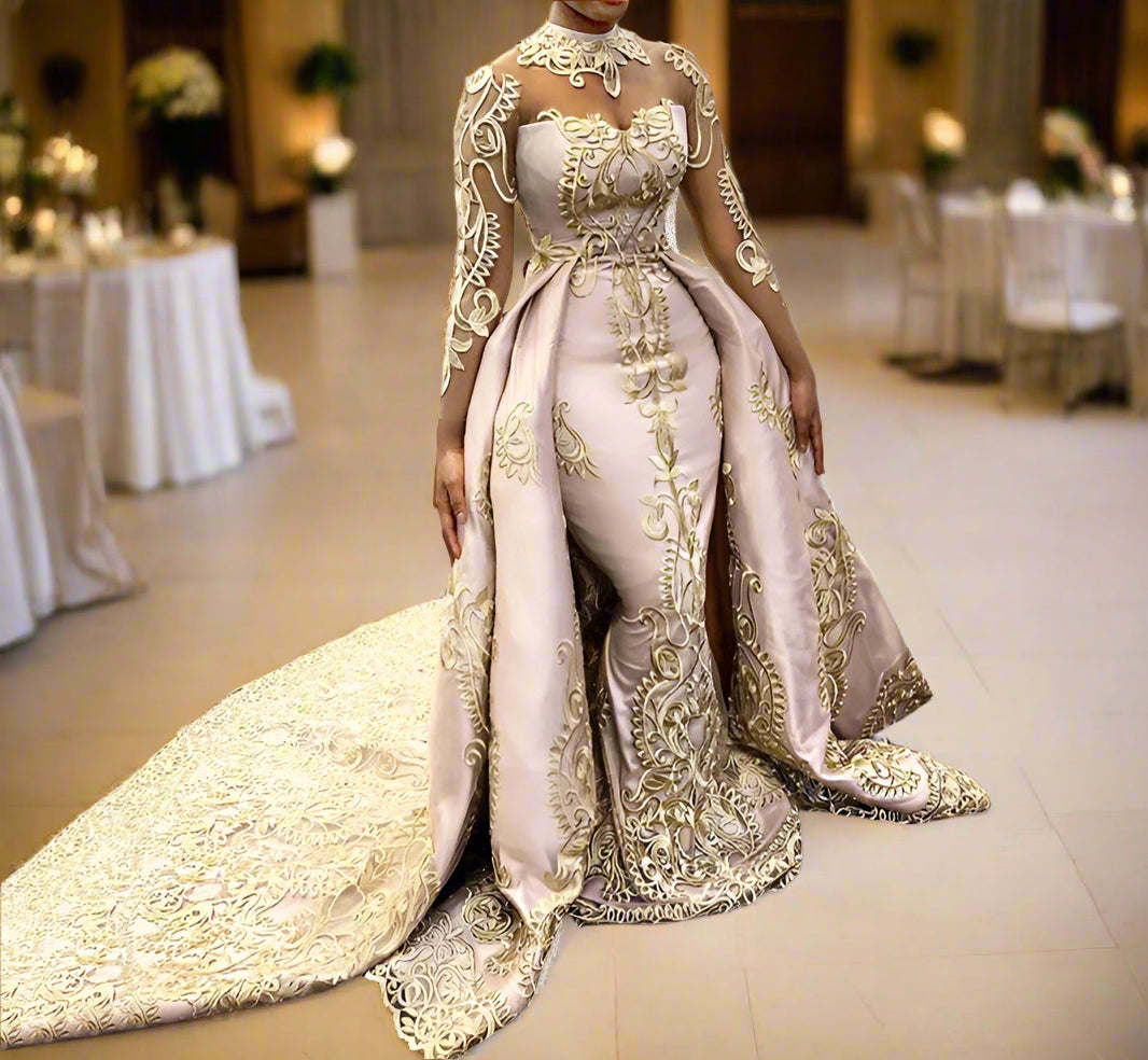 2 Piece Evening See Thru Long Sleeved Gold Lace Mermaid Formal Gown Dress - Customized