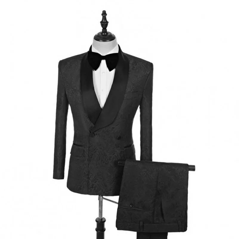 White Pattern Groom Tuxedos Shawl Satin Lapel Men Suits 2 Pieces Wedding Bridegroom (Jacket + Pants + Tie)