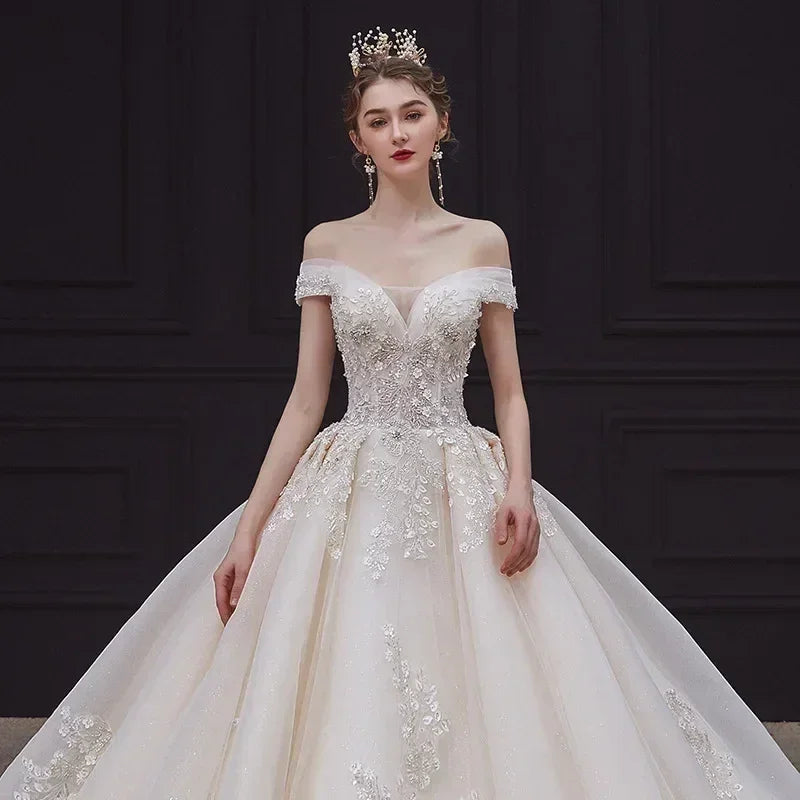 Luxury Off-Shoulder Wedding Dress - Handmade Lace Ball Gown