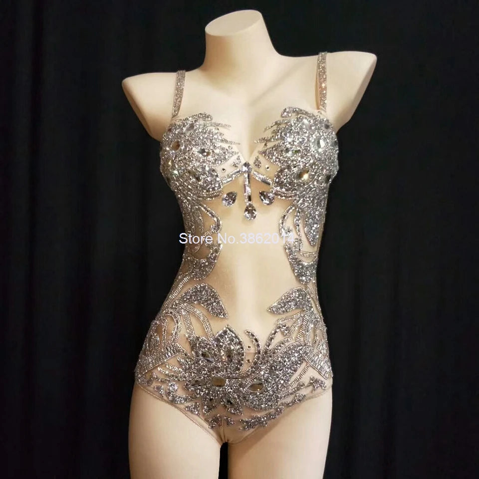 Sparkly Gold Crystals Feather Women Bodysuit