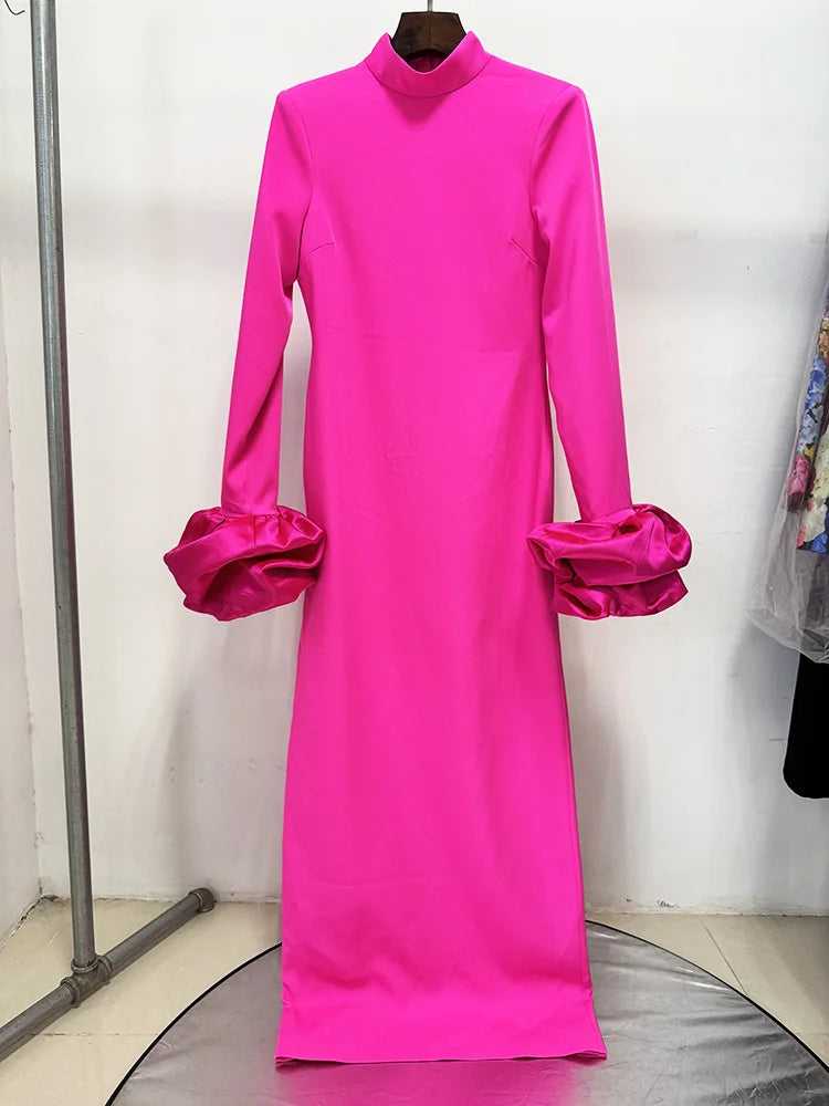 Elegant Pink High Neck Women Maxi Dress Spring Long Ruffle Sleeve Plus Size