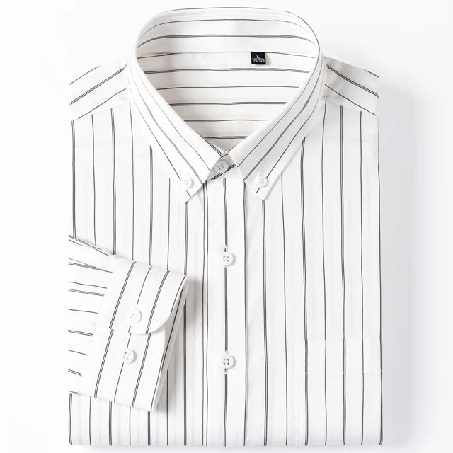 England Style Soft 100% Cotton Fashion Shirts Single Patch Pocket Long Sleeve Standard-fit Button-down Man Casual Striped Shirt