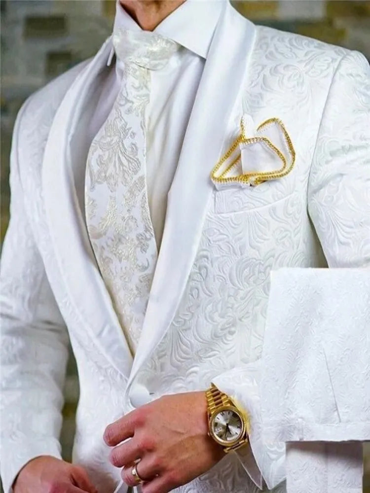 White Pattern Groom Tuxedos Shawl Satin Lapel Men Suits 2 Pieces Wedding Bridegroom (Jacket + Pants + Tie)