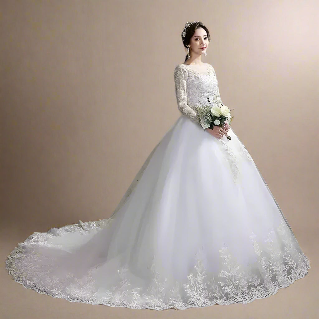 Custom Luxury Wedding Dress - Long Sleeve Ball Gown Plus Size