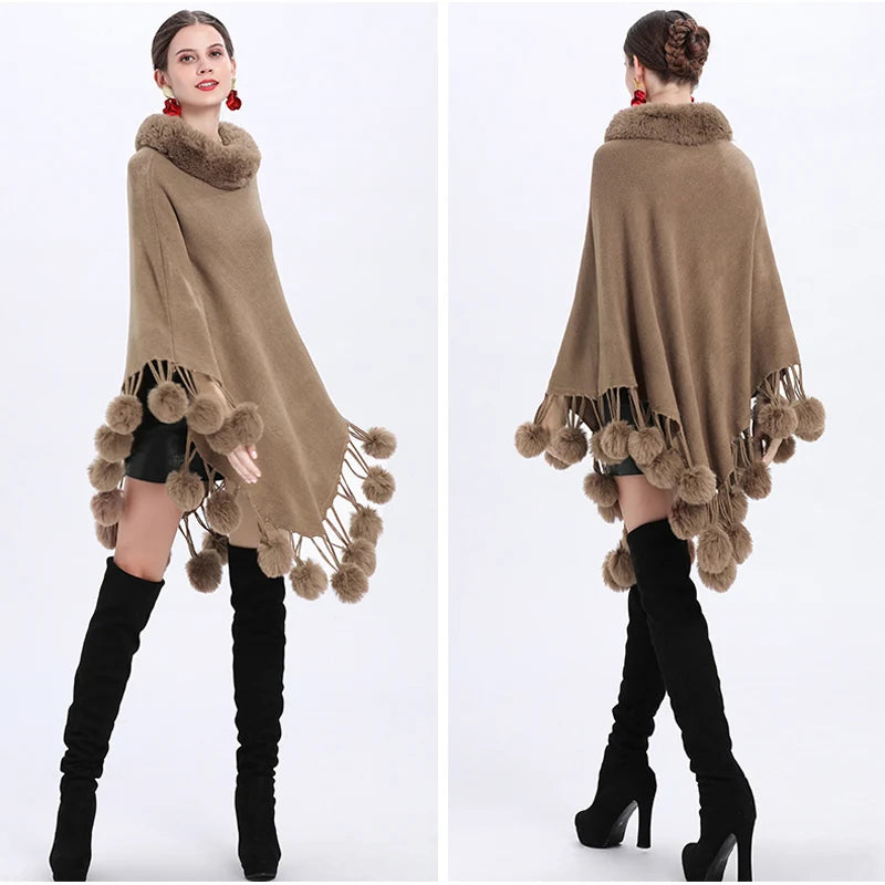 Women's Elegant Poncho Coat Faux Fur Collar Balls Autumn or Winter Knit Pullover Cape